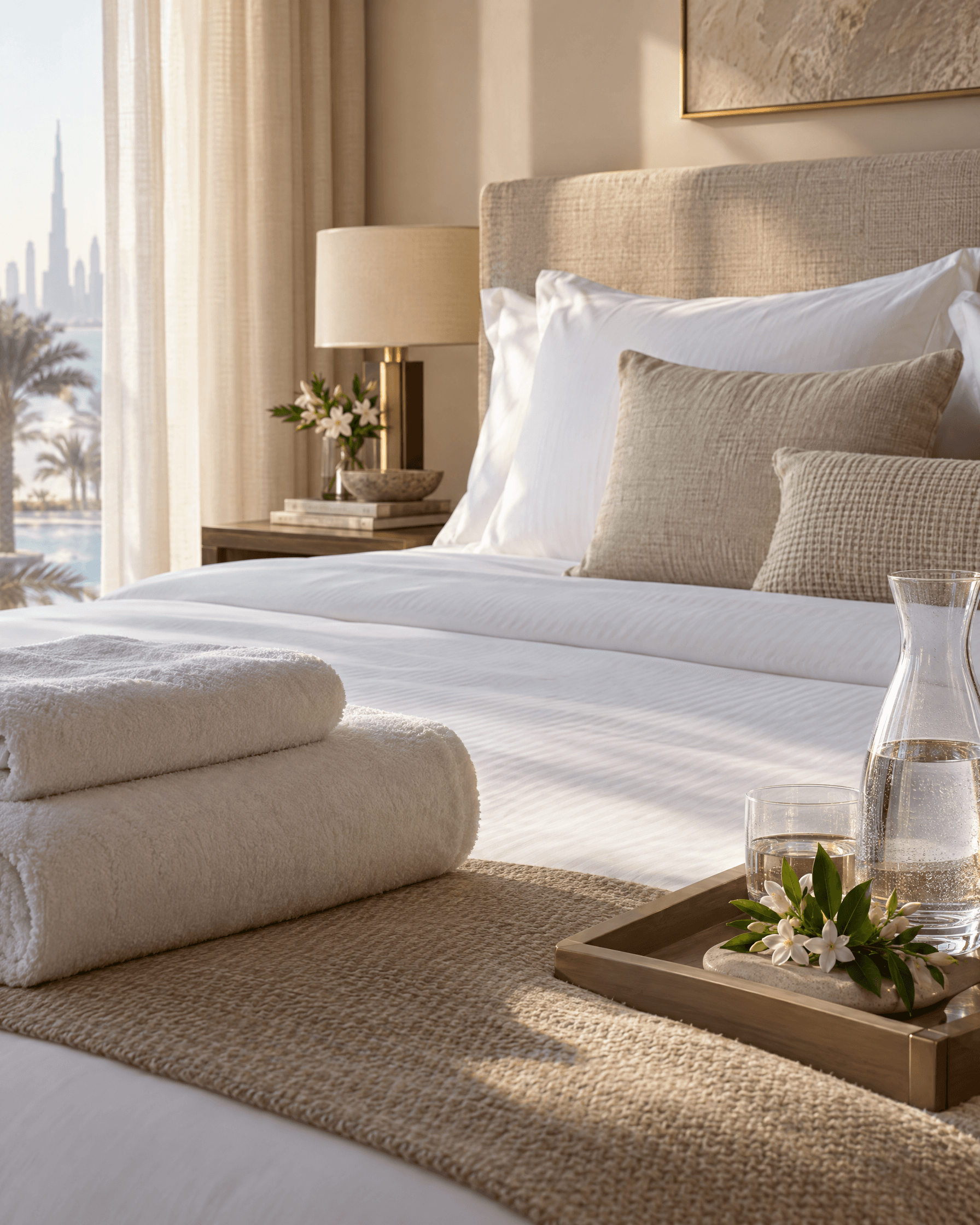 Hotel-standard bedroom with crisp white linen in soft morning light