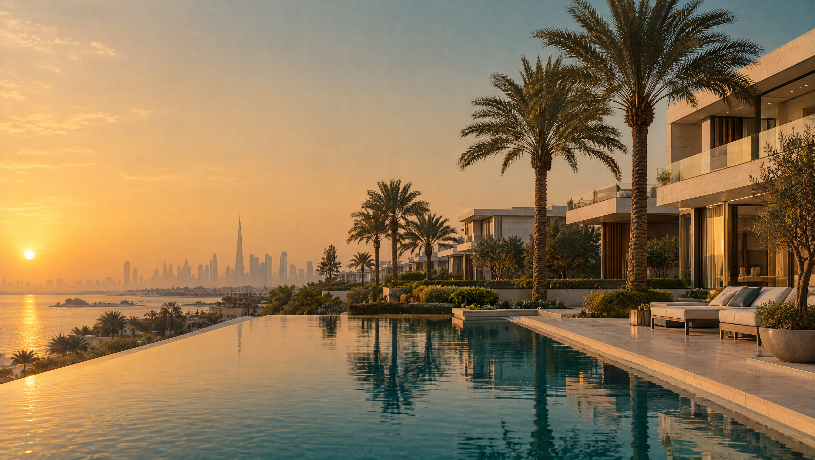 Contemporary white-stone villas around an infinity pool in a gated Dubai community at golden hour